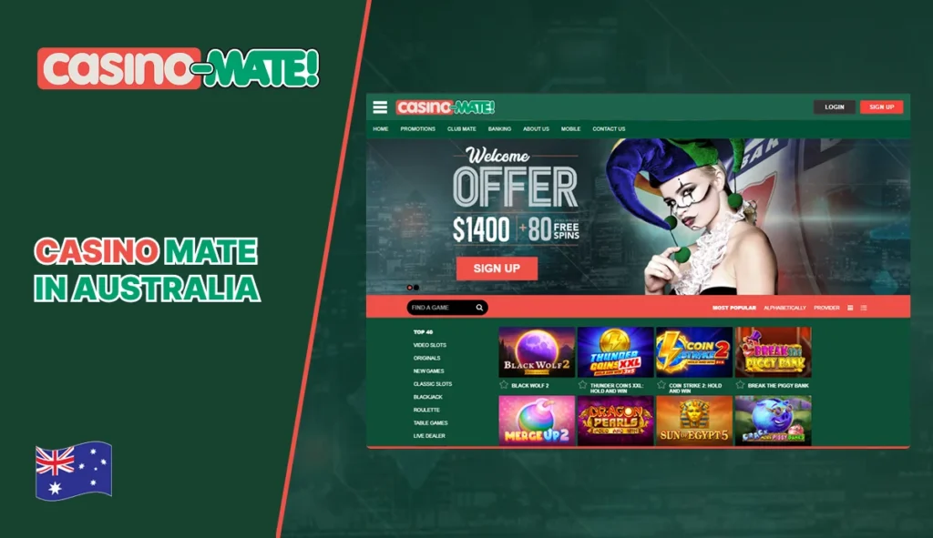Casino Mate Australia homepage with lobby
