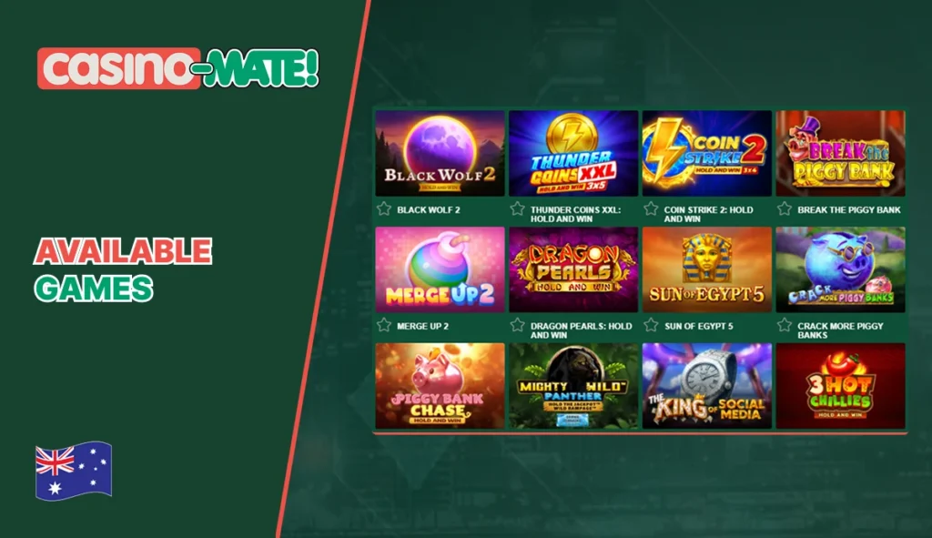 Casino Mate available games including pokies