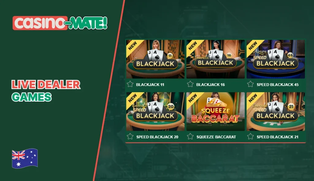 Casino Mate live dealer games including blackjack